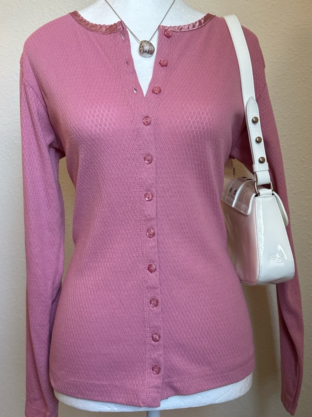 Vintage Pointelle Button Up Long Sleeve Cardigan Top 90s Coquette Soft Girl - Picture 2 of 9